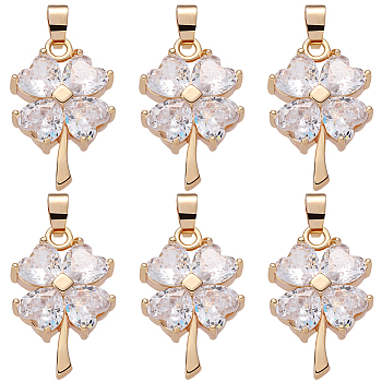 Beebeecraft 8Pcs Brass Cubic Zirconia Pendants, Clover Charm, Real 18K Gold Plated, 22x14x4.5mm, Hole: 3.5x4.5mm