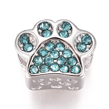 304 Stainless Steel European Beads, Large Hole Beads, with Rhinestone, Footprint, Stainless Steel Color, Aquamarine, 9x11x7.5mm, Hole: 4mm