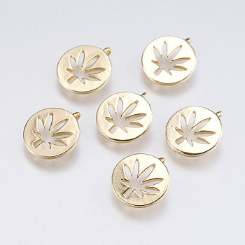 Autumn Theme Brass Charms, Flat Round with Maple Leaf, Real 18K Gold Plated, 12x10.5x1.2mm, Hole: 1.5mm