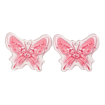 Transparent Printed Acrylic Pendants, Butterfly Charm, Pearl Pink, 39x48x2mm, Hole: 2.5mm