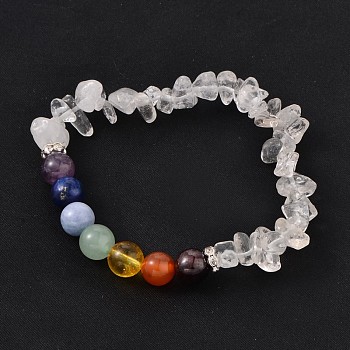 Chips and Round Chakra Natural Gemstone Beaded Stretch Bracelets, Crystal, 50~53mm