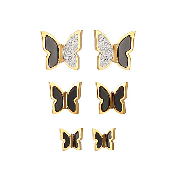 3 Pairs 3 Style 304 Stainless Steel Ear Studs, Shell & Rhinestone Butterfly Stud Earrings for Women, Black, 8~10.6x8~11.5mm, 1 pair/style