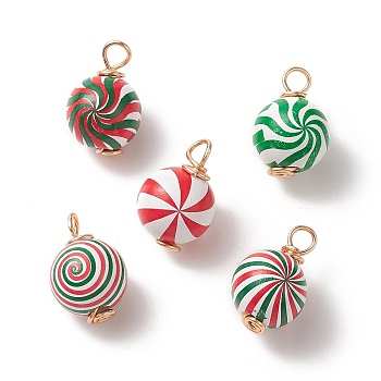 Natural Wooden Pendants, Copper Wire Wrapping Charms, Christmas Theme Printed Round with Vortex Pattern, Mixed Color, 23.5x16mm, Hole: 5x4.5mm