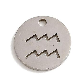 201 Stainless Steel Charms, Laser Cut, Flat Round with Constellation Charm, Aquarius, 12x1mm, Hole: 1.5mm