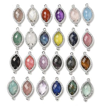 Natural & Synthetic Mixed Stone Faceted Horse Eye Connector Charms, Rack Plating Brass Micro Pave Clear Cubic Zirconia Links, Platinum, 26.5~27x14x5mm, Hole: 1.6mm