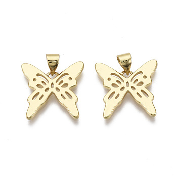 Brass Pendants, Butterfly, Nickel Free, Real 18K Gold Plated, 17x17x1.5mm, Hole: 4mm