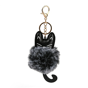 Cute Cat PU Leather & Imitate Rex Rabbit Fur Ball Keychain, with Alloy Clasp, for Bag Car Key Decoration, Dark Gray, 18cm