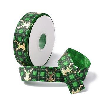 25 Yards Flat Christmas Theme Printed Polyester Grosgrain Ribbon, for DIY Jewelry Making, Green, 7/8~1 inch(23~25mm)
