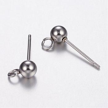 304 Stainless Steel Stud Earring Findings, with Loop, Stainless Steel Color, 7x4mm, Hole: 1.5mm, Pin: 0.7mm