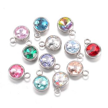 304 Stainless Steel Glass Rhinestone Charms, Faceted, Flat Round, Mixed Color, 14x10x7mm, Hole: 2.5mm