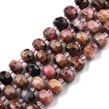 Natural Rhodonite Beads Strands, with Seed Beads, Faceted, Rondelle, 8x6mm, Hole: 1mm, about 20~22pcs/strand, 7.09 inch(18cm)