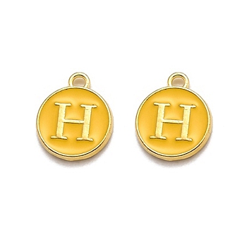 Golden Plated Alloy Enamel Charms, Enamelled Sequins, Flat Round with Alphabet, Letter.H, Yellow, 14x12x2mm, Hole: 1.5mm