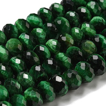 Natural Tiger Eye Beads Strands, Faceted, Dyed, Rondelle, Green, 9.5~10x6.5~7mm, Hole: 1.2mm, about 58~59pcs/strand, 15.31''~15.43''(38.9~39.2cm)