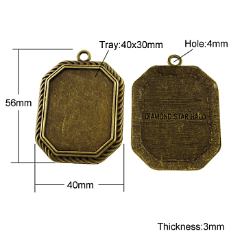 Tibetan Style Pendant Cabochon Settings, Cadmium Free & Nickel Free & Lead Free, Rectangle, Antique Bronze, about 56mm long, 40mm wide, 3mm thick, Hole: 4mm, Tray: 40x30mm