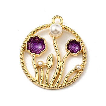 Alloy Enamel Pendants, with Plastic Imitation Pearl, Golden, Flat Round with Flower Charm, Purple, 27x24x6.5mm, Hole: 1.8mm