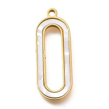 Hollow Oval 304 Stainless Steel Pendants, with Plastic Imitation Shell, Ion Plating(IP), Golden, 24x9x1.5mm, Hole: 1.5mm