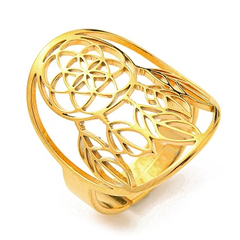 Adjustable 304 Stainless Steel Woven Web/Net with Feather Ring, Hollow Wide Finger Ring, Golden, Inner Diameter: 18mm