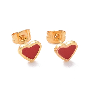 304 Stainless Steel Enamel Stud Earrings, with 316 Surgical Stainless Steel Pin, Golden, Heart, Red, 7x7.5x2mm, Pin: 0.8mm