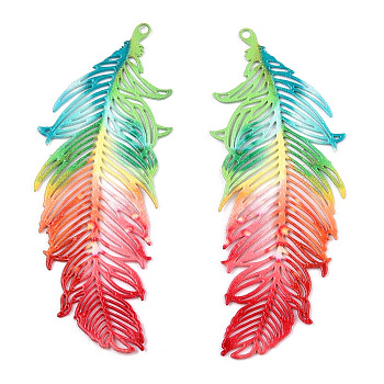 Spray Painted 430 Stainless Steel Pendants, Etched Metal Embellishments, Feather, Red, 47x19x0.6mm, Hole: 1mm