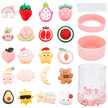 BENECREAT DIY Silicone Cup Bottom Sleeve Covers Sets, Insulated Reusable Cup Boot, with Acrylic Double-sided Tape and Cartoon Style Resin Animal/Fruit/Star Cabochons, Mixed Color, Cup Bottom Sleeve Covers: 75~93x18~47mm, Inner Diameter: 71.5~90mm, 2pcs