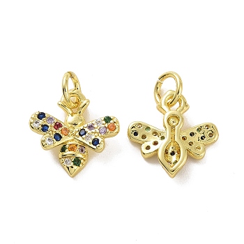 Brass Micro Pave Colorful Cubic Zirconia Charms, with Jump Ring, Bees, Real 18K Gold Plated, 12x12x3mm, Hole: 3.2mm