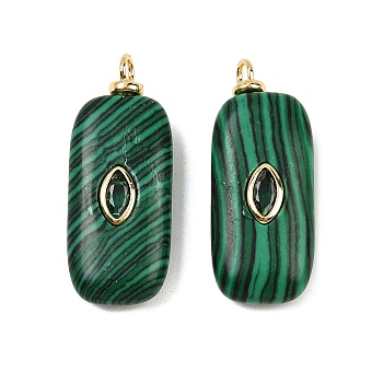 Synthetic Malachite Pendants, Rectangle Charms with Brass Micro Pave Cubic Zirconia Findings, Real 18K Gold Plated, Cadmium Free & Lead Free, Rack Plating, Long-Lasting Plated, 26~30x12~14x5.5~6mm, Hole: 3.5mm