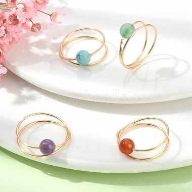 4Pcs 4 Style Natural & Synthetic Mixed Gemstone Round Beaded Finger Rings Set(RJEW-TA00091)-2