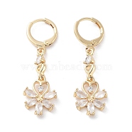 Rack Plating Golden Brass Dangle Leverback Earrings, with Cubic Zirconia, Flower, 39.5x12mm(EJEW-A030-01K-G)