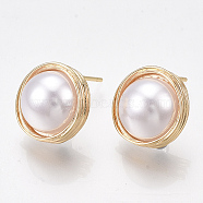 Brass Stud Earring Findings, with ABS Plastic Imitation Pearl, Loop, Half Round, Creamy White, Nickel Free, Real 18K Gold Plated, 12.5x12mm, Hole: 0.8mm, Pin: 0.8mm(KK-S350-429)