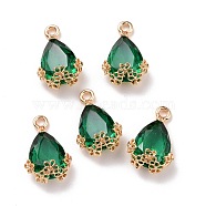 Rhinestone Pendants, with Light Gold Alloy Settings, Teardrop with Flower, Emerald, 20x12.5x6mm, Hole: 1.8mm(FIND-A006-01C)
