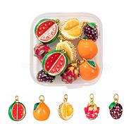 10Pcs 5 Style Fruit Theme Brass Enamel Pendants, Real 18K Gold Plated, Durian & Orange & Watermelon & Pitaya & Mulberries, Mixed Color, 12.5~17x9~13.5x8~11mm, Hole: 2.8mm, 2Pcs/Style(KK-LS0001-32)