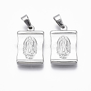 304 Stainless Steel Lady of Guadalupe Pendants, Rectangle with Virgin Mary & Cross, Stainless Steel Color, 24x15x3.5mm, Hole: 4x6mm(X-STAS-R112-003)