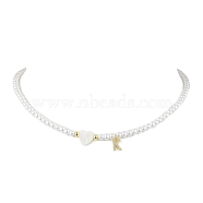 Brass Micro Pave Grade AAA Cubic Zirconia Letter Pendant Necklaces, Heart & Round Baking Painted Pearlized Glass Pearl Beaded Necklaces for Women, Letter K, 15.20 inch(38.6cm)(NJEW-JN04771-11)
