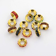 Grade A Brass Rhinestone Spacer Beads, Basketball Wives Spacer Beads for Jewelry Making, Rondelle, Golden, Mixed Color, 10x4mm, Hole: 5.5mm(X-RB-H062-M)