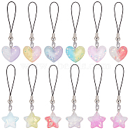Gradient Color Translucent Resin Heart & Star Mobile Strap, with Nylon Cord, Mixed Color, 9.6~9.8cm(HJEW-PH01806)