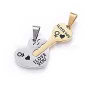 304 Stainless Steel Split Pendants, with Enamel, Heart with Key, with Word, Golden & Stainless Steel Color, 20x41.5x2mm, Hole: 10x5mm, One Side: 20x24x2mm, Hole: 10x5mm, Another Side: 31x13.5x2mm, Hole: 10x5mm(STAS-O108-10GP)