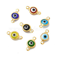 Ion Plating(IP) 304 Stainless Steel Connector Charms, Flat Round Links with Evil Eye Pattern, with Glass Enamel, Real 18K Gold Plated, Mixed Color, 13x6.5x2.5mm, Hole: 1.5mm(STAS-G305-09G)