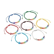 Flat Round Evil Eye Lampwork Braided Bead Bracelets Set, Rainbow Color Glass Beads Adjustable Bracelets for Women, Mixed Color, Inner Diameter: 2-3/8~4-1/8 inch(5.9~10.4cm), 7pcs/set(BJEW-JB07234)