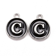Platinum Plated Alloy Charms, Cadmium Free & Lead Free, with Enamel, Enamelled Sequins, Flat Round with Letter, Letter.C, 14x12x2mm, Hole: 1.5mm(ENAM-S118-02C-P)