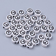 Opaque White Acrylic Beads, Flat Round with Black Peace Sign, 6.5x3.5mm, Hole: 1.6mm(X-MACR-S273-42A)