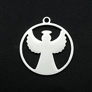 201 Stainless Steel Pendants, Laser Cut, Ring with Angel, Stainless Steel Color, 22x20x1mm, Hole: 1.6mm(STAS-R111-JA695)