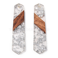 Transparent Resin & Walnut Wood Pendants, with Silver Foil, Polygon, Silver, 49.5x12.5x4mm, Hole: 2mm(RESI-TAC0017-05)