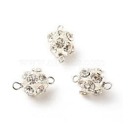Brass Crystal Rhinestone Connector Charms, with 304 Stainless Steel Loops, Round, Silver, 15.5x9mm, Hole: 2mm(PALLOY-JF01355)