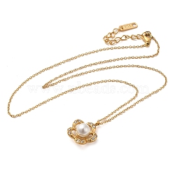 Flower Vacuum Plating 304 Stainless Steel Pendant Necklaces, with Rhinestone & Plastic Pearl, Golden, 16.34 inch(41.5cm)(NJEW-G125-09G)