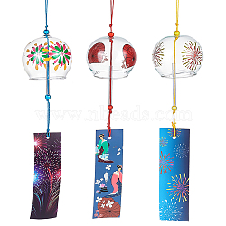 3Pcs 3 Style Japanese Glass Wind Chimes, Fireworks Pattern Small Wind Bells with Paper Card, Suncatcher for Garden Window Party Hanging Decors, Mixed Color, 375~410mm, 1pc/style(DJEW-BC0001-14)