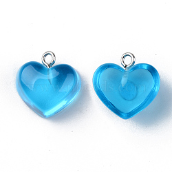 Transparent Resin Pendants, with Platinum Tone Iron Loop, Heart, Dodger Blue, 16.5x17x9.5mm, Hole: 1.8mm(X-RESI-R429-30D)