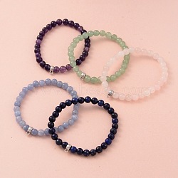 Round Natural Gemstone Beaded Stretch Bracelets, with Antique Silver Plated Alloy Tube Bails, 57mm(BJEW-JB02147)
