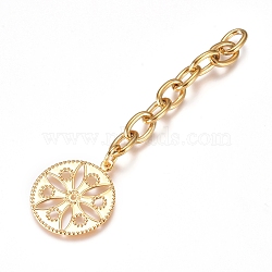 304 Stainless Steel Chain Extender, Cable Chain, with Pendants, Flat Round with Flower, Golden, 73mm, Link: 9x6x1.4mm, Pendant: 22x19x0.5mm.(X-STAS-G221-05G)