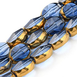 Electroplate Transparent Glass Beads Strands, with Golden Plated Edge, Faceted Oval, Cornflower Blue, 8~9x6.5x5mm, Hole: 1.2mm, about 37pcs/strand, 23.78 inch(60.4cm)(EGLA-G037-03A-HP04)