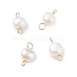 Natural Cultured Freshwater Pearl Connector Charms, with Golden Tone 304 Stainless Steel Loops, Nuggets, White, 13~14x6.5~7.5x4~5mm, Hole: 2~2.5mm(PALLOY-JF01394-03)
